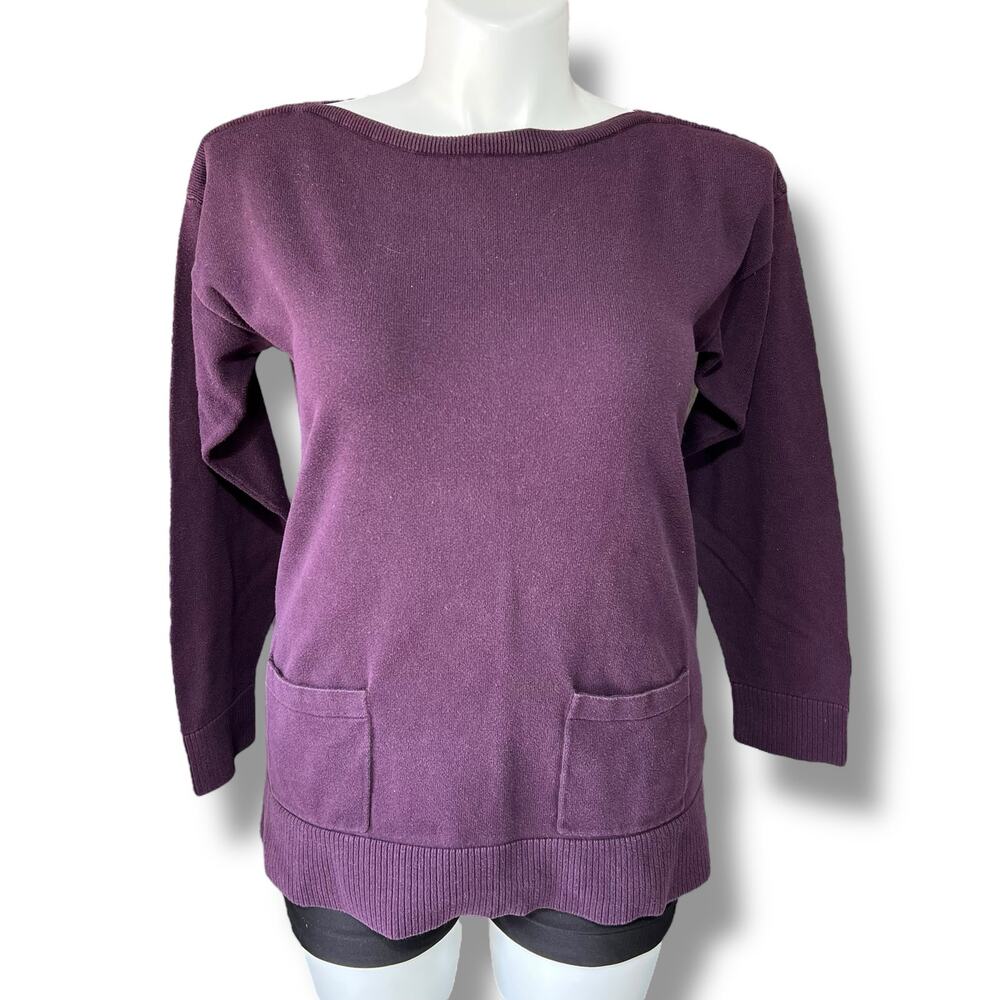Jeanne Pierre Tunic Sweater Purple Boat Neck Patch Pocket Long Sleeve Cotton